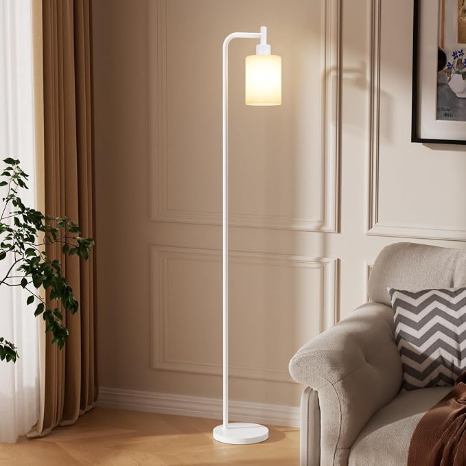 Ziisee Floor Lamps for Living Room - Industrial Standing Lamp with Glass Shade, Modern White Floor Lamp with LED Bulbs, Farmhouse Floor Lamp for Bedroom, Tall Lamp for Office - White