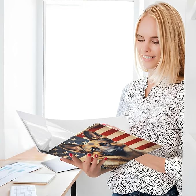 3 Ring Binder, American Flag German Shepherd Dog File Folder Holds 200 Sheets File Storage for Women Men School Office Supplie