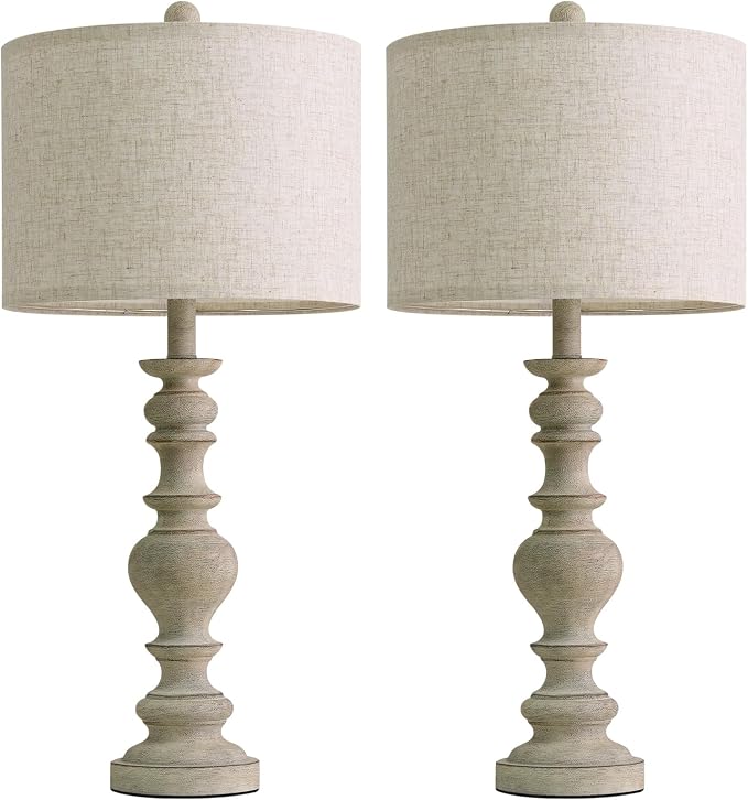 BOBOMOMO 27" Antique Gray Table Lamps Set of 2, Large Farmhouse Resin Lamps with Linen Shades, Vintage Gray Lamps for Living Room, Bedroom, or Console Table Rustic Traditional Décor