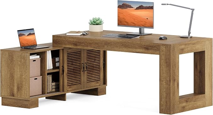 LITTLE TREE L Shaped Executive Desk, Large 63" Executive Desk with File Cabinet, Modern L Shaped Desk, Corner Computer Desk for Home Office & Business Furniture Workstation, Brown