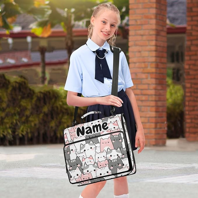 Custom Cute Cats Grey Pink 3 Ring Binder Bag 1.5 inch Personalized Name Binder Organizer 500 Sheet Documents Storage for School Office