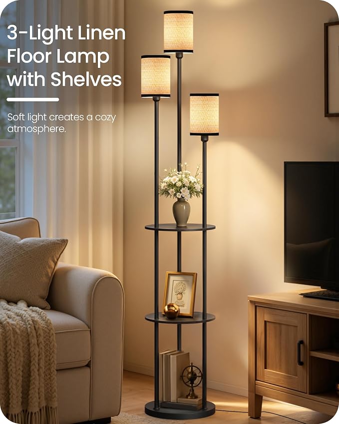 Floor Lamp with Shelves, for Living Room, 3-Light Standing Lamp | Modern Floor Lamp with Foot Switch, 3-Tier Shelf, 70.9" Tall Lamp, for Bedroom, Study, Office, Black and Yellow YB53LD05