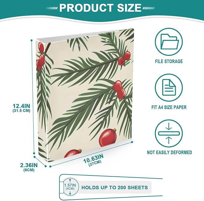 3 Ring Binder Christmas Tree Branches Balls 1.5 inch Binders with Clipboard Round Ring Binder Fit 8.5'' x 11'' Paper 3 Interior PVC Clear Pockets for Office Supplies