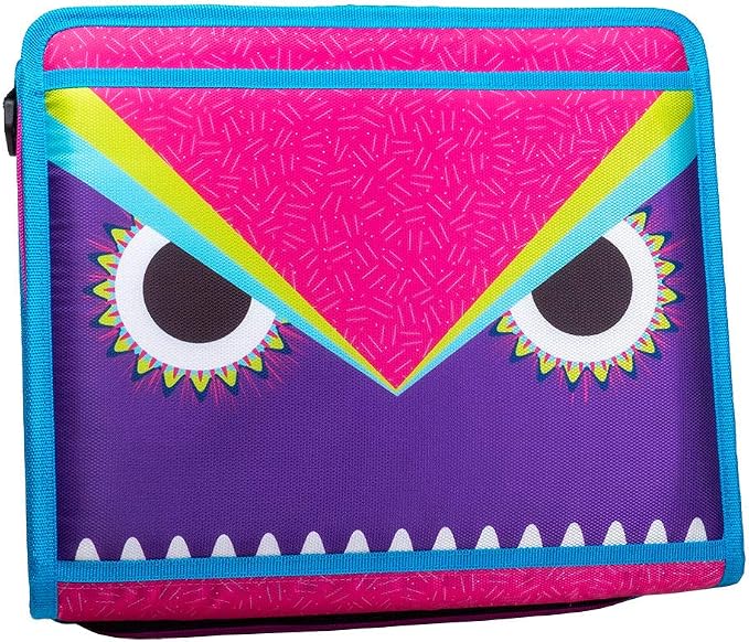 Case-it Z Shape Zipper Binder | Dual 1.5" D-Rings | 500-Sheet | Z-176-ME | Z Shape, Two Binders in One, Double-Sided, Multiple Pockets, Shoulder Strap, Monster Design, School & Office