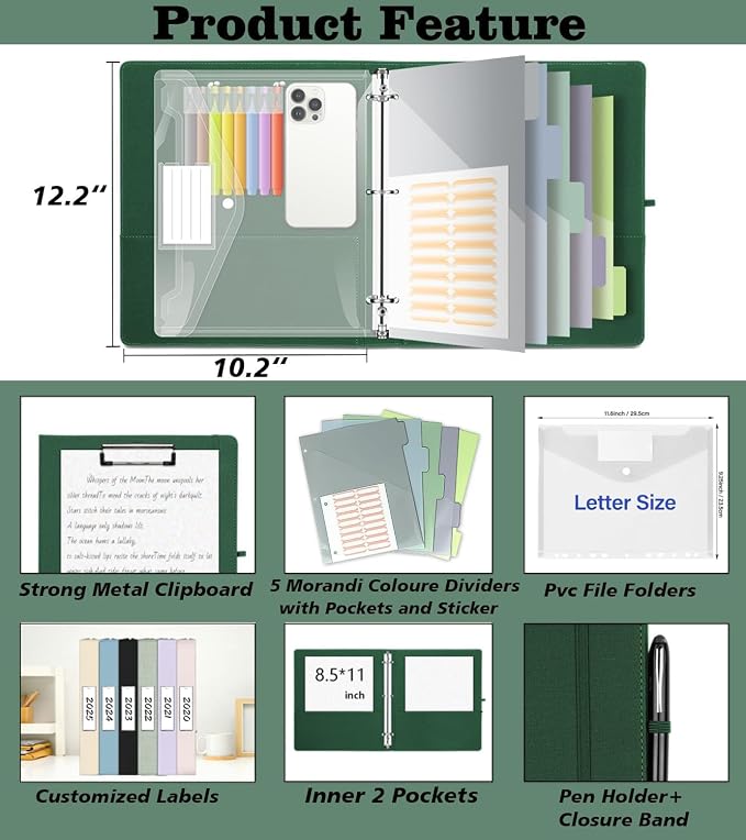 1 Inch 3 Ring Linen Binder Organizer, BVSSX Three Ring Binders with Clipboard, Plastic Folder, 5-Tabs Pocket Dividers with Sticker Labels, Pen Loop, Elastic Strap (Green,Letter Size)