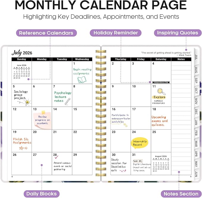 Planner 2026-2027, Monthly & Weekly Jul 2026-Jun 2027 Calendar Book | 6.3" x 8.5", Hardcover Spiral Planner with Tabs, School & Daily Pretty Agenda for Women, Students, Teachers, Violet Petals