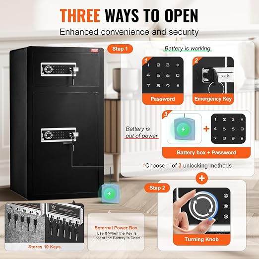 VEVOR Double Doors 7.2 cu.ft Safe Box with Key Lock & Password, Safe Lock Box with Fireproof Bag, Key Rack, LED Light and 2 Height Adjustable and Removable Divider for Money, Documents, Jewelry and Va