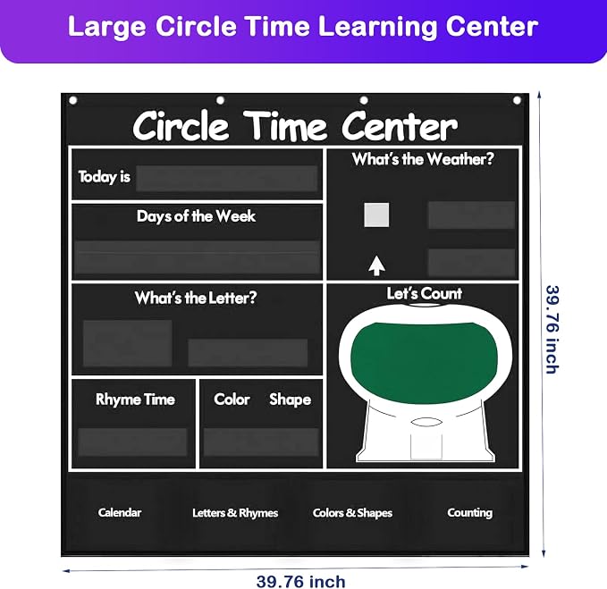 Circle Time Learning Center Classroom Pocket Chart, Educational Teaching Materials with Cards for Preschool, Learning Calendar Weather Letter Rhyme Color Shape Counting Number etc, (Black)