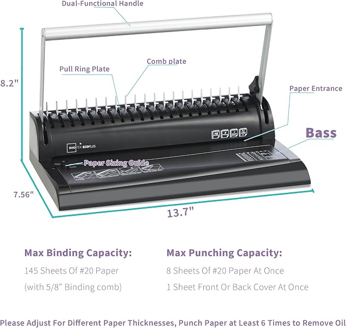 Binditek Binding Machine, 19Hole, 145 Sheets, for Letter Size, Fixed Margin | Comb Binding Machine, Punch 6-8 Sheet, 145 Sheets, Comb Binder Machines with 30 Pcs 1/2" Binding Combs, for Letter Size