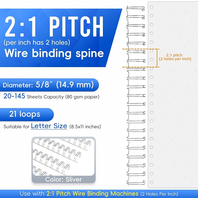 RAYSON Binding Wire 2:1 Pitch 21 Loop, 5/8 Inch, Silver, 145 Sheet, 50 Pack | 2:1 Pitch Wire Binding Spines | Double Loop Wire Design | 145 Sheet Binding | Letter Size | Silver 50 Pack