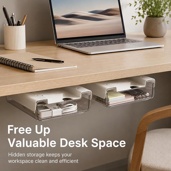 RHBLME 5 Pack Under Desk Drawer, Under Shelf Drawers Slide Out Self-Adhesive Standing Desk Drawer Attachment, Plastic Workspace Organizers for Office Home School