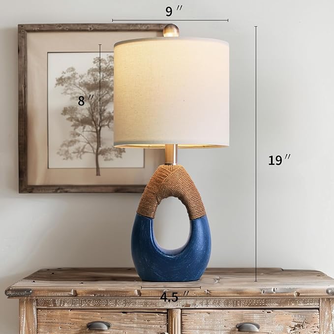 19" Table Lamp for Living Room,Boho Lamp for Bedroom, Bedside for Nightstands, Suitable for Small Space,Coastal Farmhouse, End Table, Rattan Nautical Beach Style, Blue,1 Pack