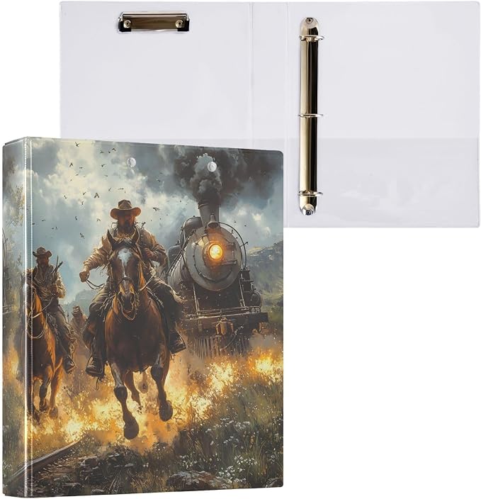 3 Ring Binder Cowboy Western Fire 1.5 inch Binders Three Ring Binders with Clipboard Fit 8.5'' x 11'' Paper 3 Interior PVC Clear Pockets for Office Supplies