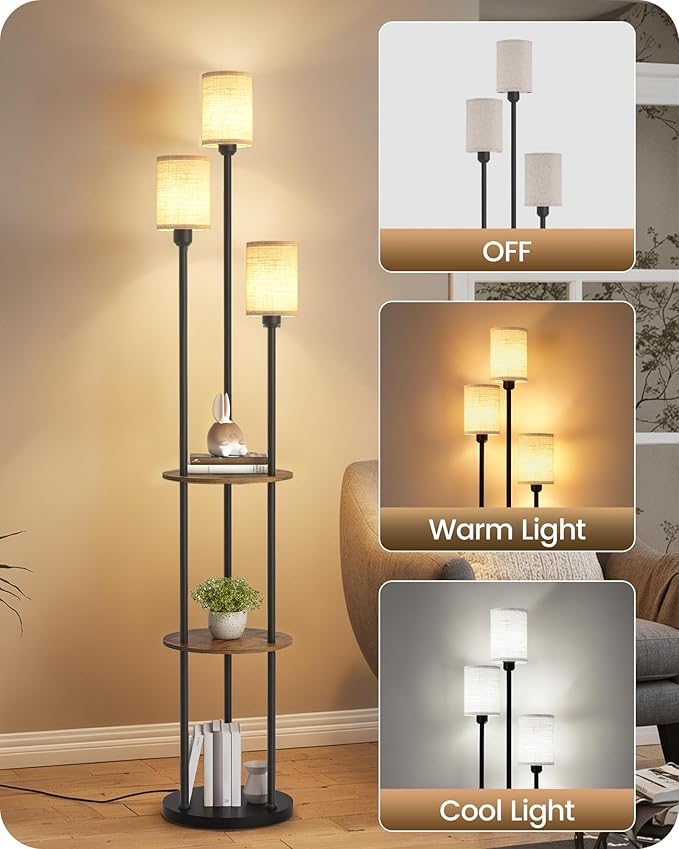 70.9" Floor Lamp with Shelves, Modern Floor Lamp with 3 Linen Shades and Foot Switch, 3-Light Standing Lamp, for Living Room, Bedroom, Study, Office, Rustic Brown and Beige EF53LD05