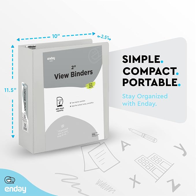 Enday 2 inch 3 Ring Binder (12 Pack - Grey) Binder 2 inch with Clear View Cover and 2 Inside Pocket - for Letter Size 8.5 x 11'' Paper, Ideal for School Supplies, Office, and Home