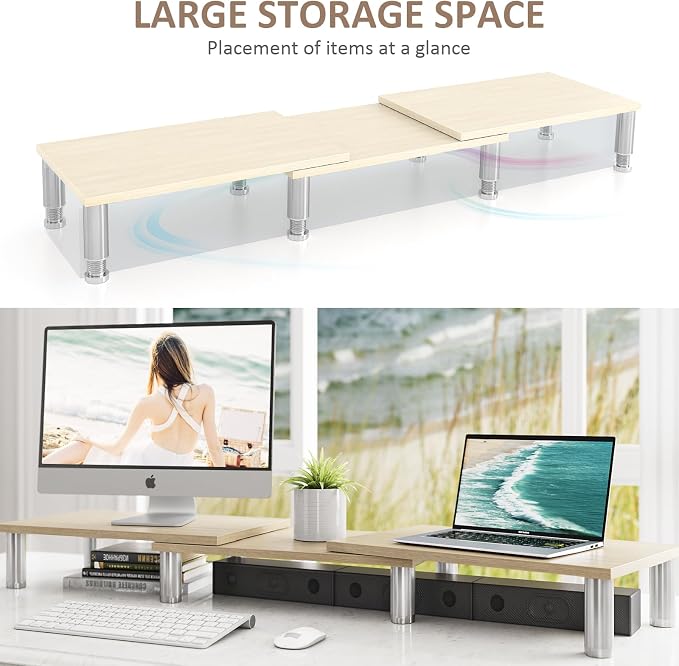 Dual Monitor Riser - Adjustable Length & Angle, Wooden Stand for 2 Monitors with Storage
