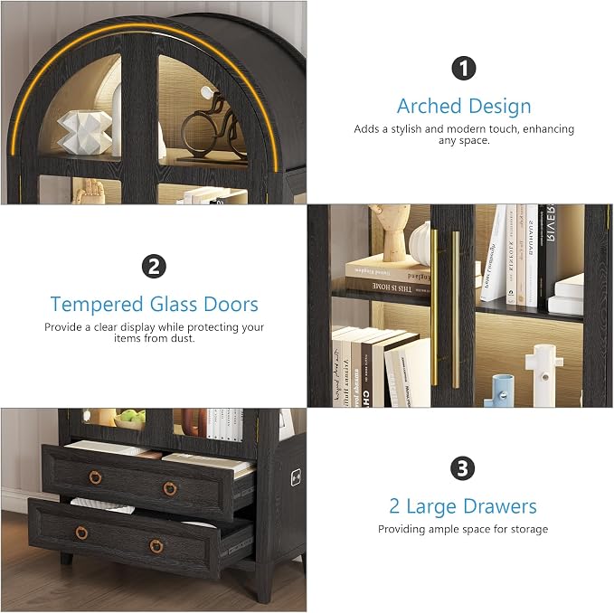 Arched Curio Cabinet with Glass Doors, 4-Tier Display Cabinet with 2 Drawers, Tall Bookcase with 3 Color Lights, Display Case, Kitchen Pantry (Black)