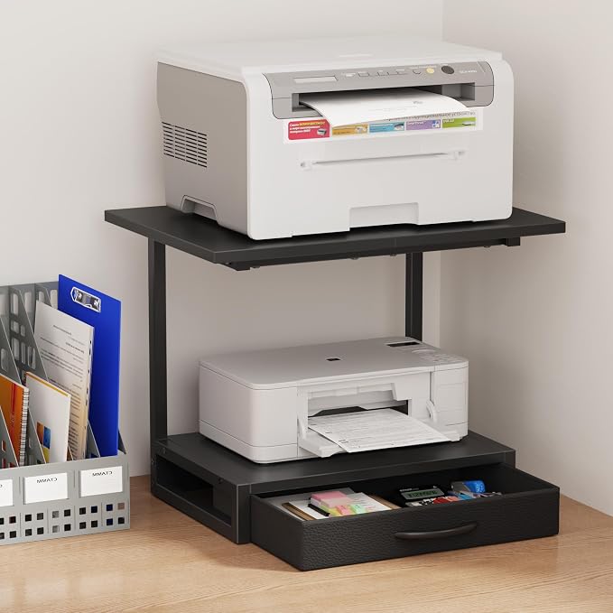 YAOHUOO 2-Tier Desktop Printer Stand with Fabric Drawer,19.6"x14.9" Black | Printer Table with Storage Shelf,Desk Organizer for Home Office,Fit Printer,Fax Machine,Scanner,Space Saving for Two Monitors