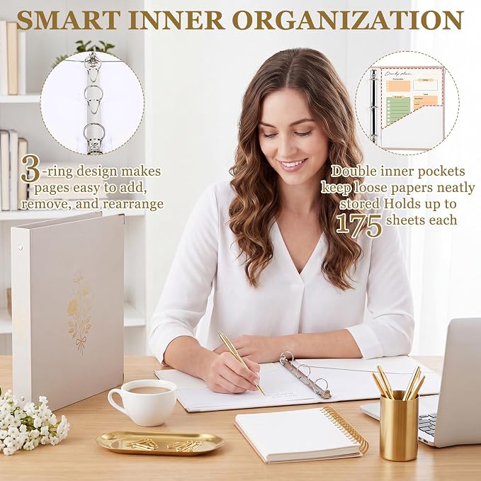 ReliThick 8 Pcs Aesthetic 3 Ring Binders, 1 Inch with Pockets,Beige | Paper Covers, 175 Sheet Capacity, 2 Inner Pockets, Organizer for 8.5" x 11" Letter Size, School, Office, Home,Floral Color
