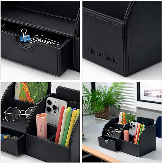 UnionBasic Desk Organizer - Multifunctional Leather Desktop Pen Holder Storage Box - Business Card/Pen/Pencil/Mobile Phone/Stationery Holder, Black