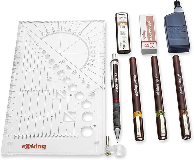rOtring Isograph Technical Drawing Pen College Set, (0.20, 0.30, 0.50 mm), Includes Pens, Pencil, Eraser, and More - Designed for Precision