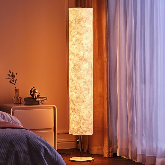 LONRISWAY 58" Modern Floor Lamp with Tyvek Fabric Shade 3000K Warm White LED Slim Standing Light,Column Cylinder Paper Lantern Floor lamp for Living Room, Bedroom, Game Room