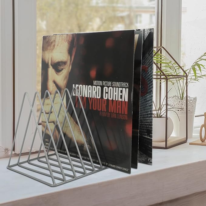Vinyl Record Holder Storage, 9 Slot Metal Magazine Book Album Display Rack, Stylish Triangle Desktop File Sorter Organizer for Home Office, Grey