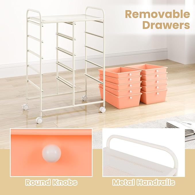 GOFLAME 10-Drawer Rolling Storage Cart, Art Craft Storage Organizer on Wheels, Multipurpose Movable Utility Cart for School, Office and Home, Peach Fuzz