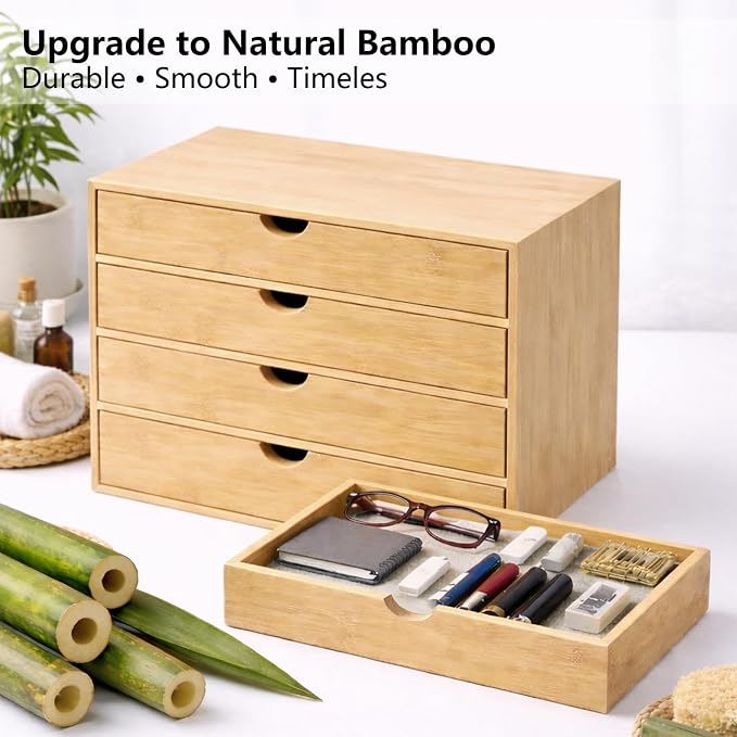 Neando Bamboo Desk Organizer with Drawers, 4-Tier Wooden Desk Organizer, Small Desktop Storage for Office Supplies, Makeup, Accessories, Space-Saving Organizer for Desk, Vanity & Home