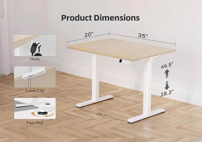 Claiks Electric Height Adjustable Standing Desk, 35x20 Inch, Nature | Smooth Height Adjustment, 3 Memory Presets, Cable Management Hub&Hook, Stable Steel Frame, 176lbs Capacity, Easy Assembly