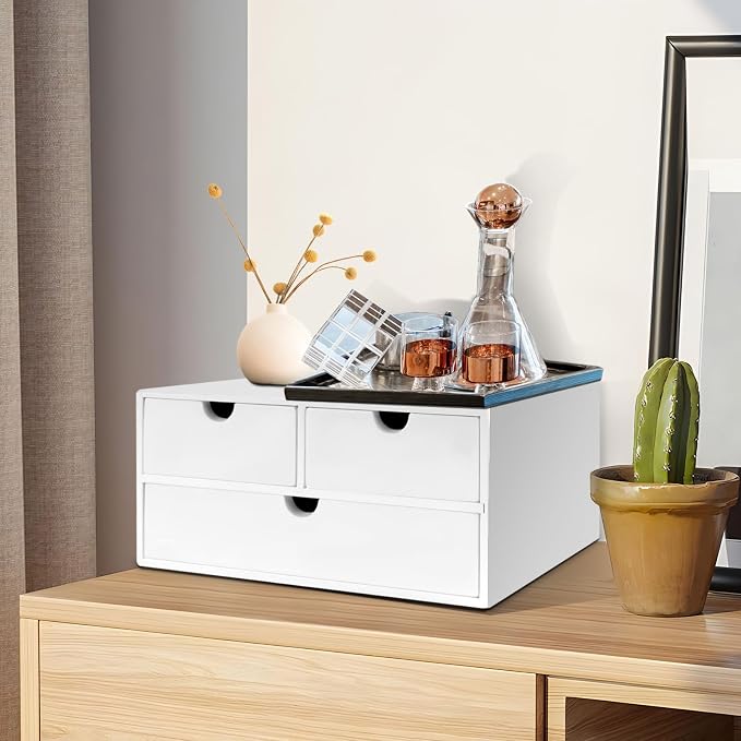 Charmewooden Bamboo Desk Organizer with 3 Drawers, Countertop Organizer with Drawers Makeup Storage Drawer 3 Drawer Tabletop Storage Organization Box Home Office Workspace（White）