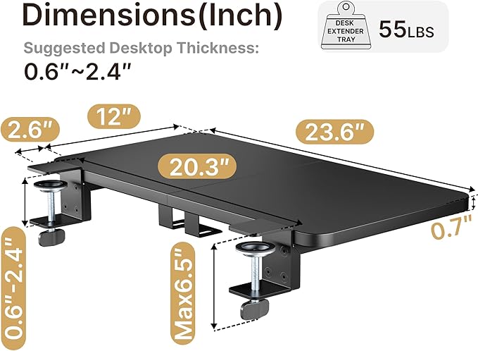 Desk Extender Tray, 24" x 12", with Laptop Holder, Medium, Black | Desk Extension, Clamp on Desk Shelf, Clamp On Keyboard Tray for Office and Home, Workstation Organizer