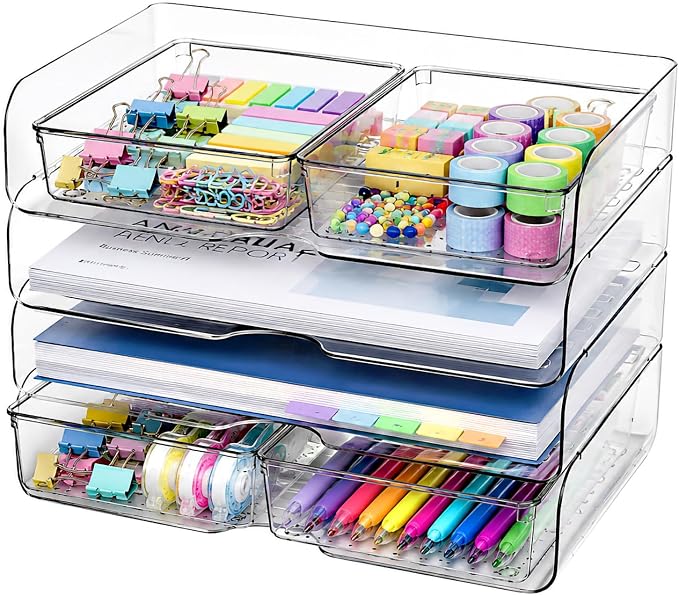 DCA 4 Tier Desk Organizer, Clear Paper Tray with 4 Storage Bins | Stackable Letter Tray | Modular Storage System | Office, Home & School | Large Capacity