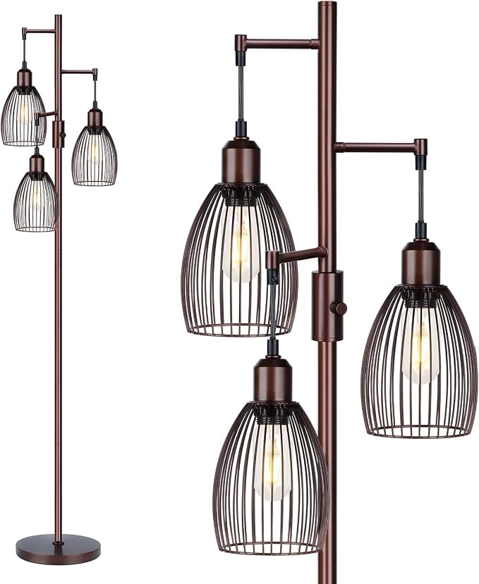 Torondo Dimmable Floor Lamp, Industrial Floor Lamps for Living Room, Brown Tree Lamp Standing Lamp Tall Lamps with 3 Elegant Teardrop Cage Head & 800 Lumens LED Bulbs for Living Room Bedroom Office