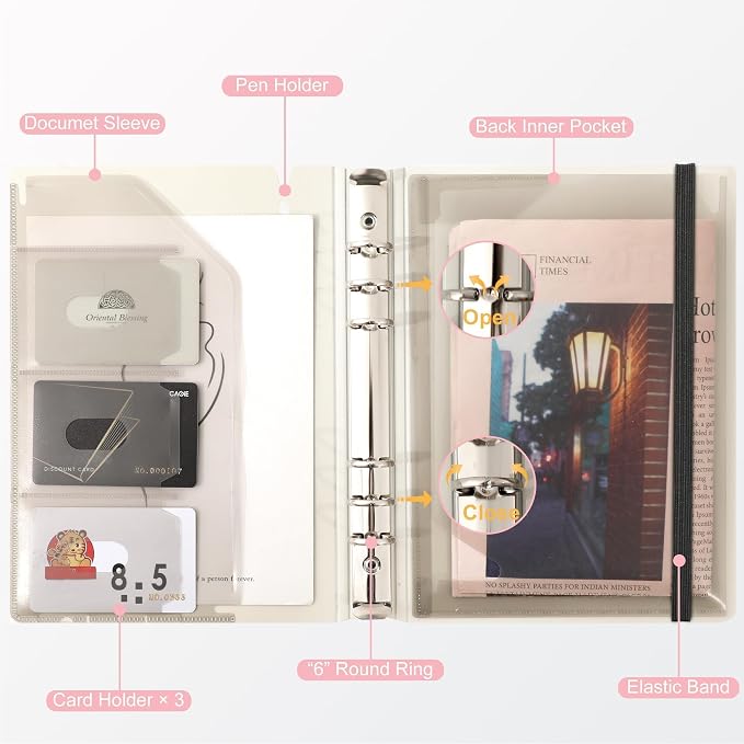 CAGIE A5 Binder 6 Ring Refillable Notebook with Dividers & Pockets | Daily Planning Square Ruled and Dotted Pages, Refill Paper Included, 6.89 x 9.25 In (Pink, A5 Daily & Dot Page)