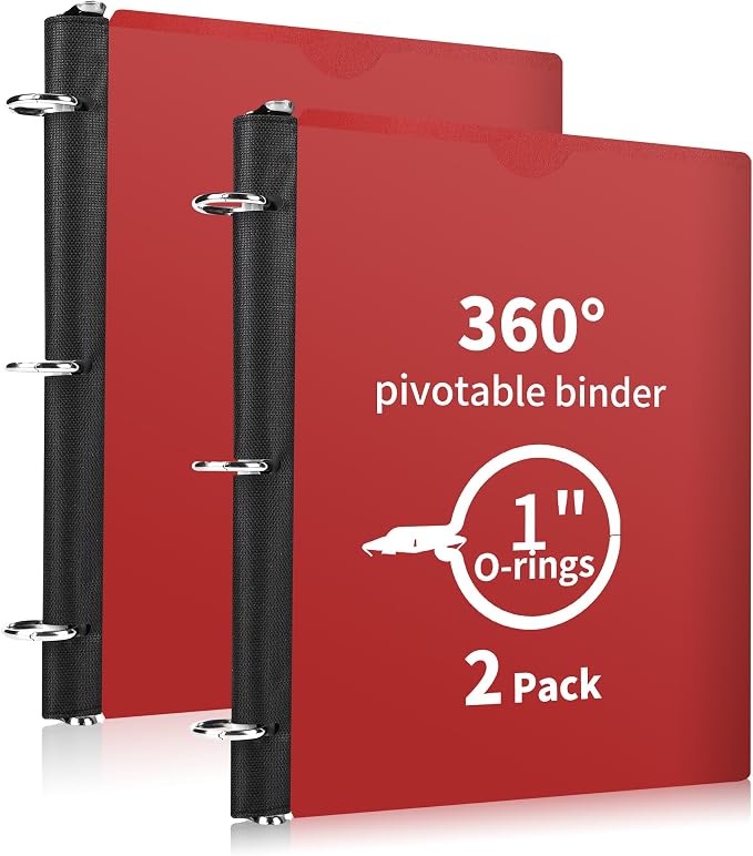 360° Pivotable 3 Ring Binder, Upgraded Foldable Binders 1 inch 2 Pack, Thin Small Three Ring Binder Fits 8.5" x 11", for Home, School and Office Binders Supplies - Red