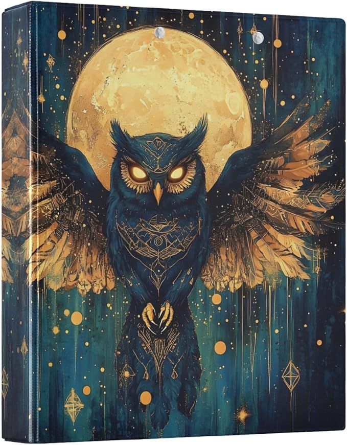 3 Ring Binder Owl Moon Moth Moon 1.5 inch Binders Three Ring Binders with Clipboard Fit 8.5'' x 11'' Paper 3 Interior PVC Clear Pockets for Office Supplies