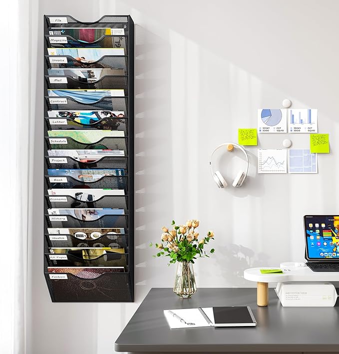 14 Pockets Hanging Wall File Organizer, Office Organization Wall Mount Mail Sorter Paper Holder Bill Organizer for Home, Black