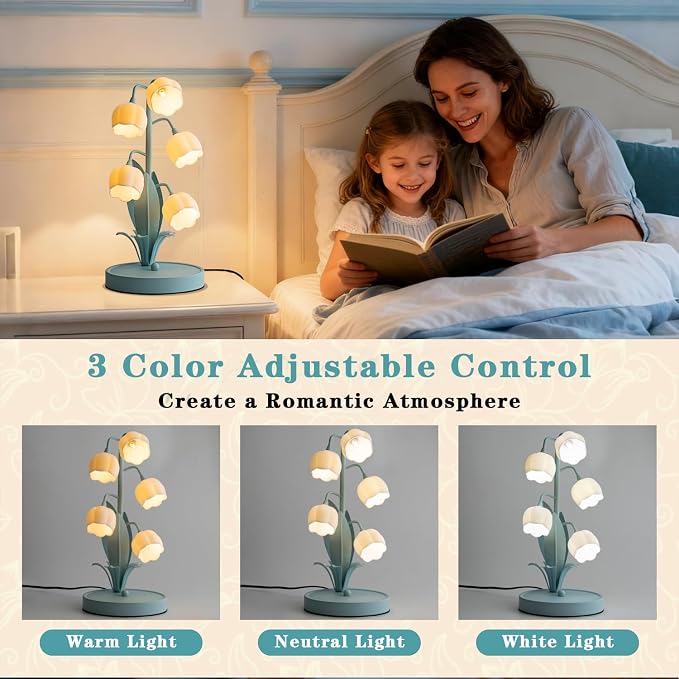 WERFOP Flower Table Lamp, Lily of The Valley Lamp for Bedside Accent 3 Color Modes Cottagecore Soft Reading Night Light for Bedroom, Corner, Dorm, Entrance Home Vintage Decor (Powder Blue)