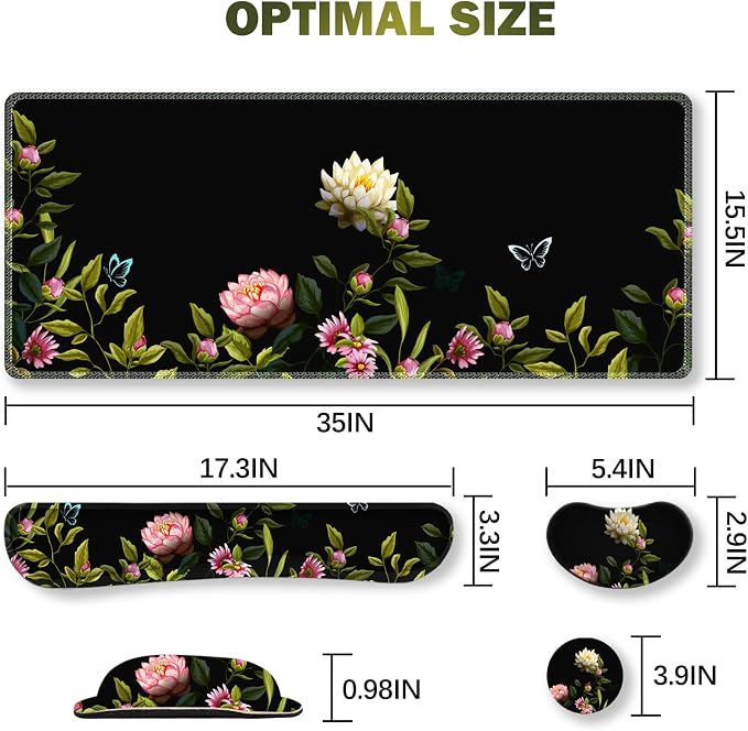 Gaming Mouse Pad Wrist Support Set, XXL Large Desk Mat Mousepad + Keyboard Wrist Support+ Mouse Wrist Rest+Coaster 4in1 Ergonomic, Stitched Edge for Home Office -Flowers and Butterflies