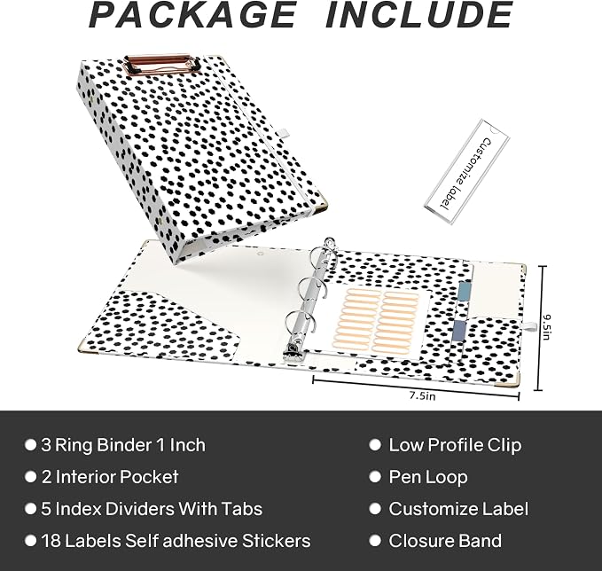 EYROZILL A5 Binder 1 Inch 3 Ring for 5.5" x 8.5" Paper with Clipboard and Pocket, Mini Binders for School Office Supplies and Home, Polka Dots