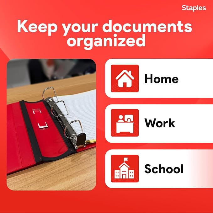 Staples Heavy-Duty 2-Inch D-Ring Binder, Red, Holds 540 Sheets | 3-ring binder with pockets for durable school and office document storage.