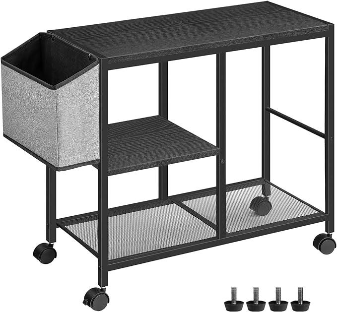 MAHANCRIS Printer Stand with Storage Bag, 3-Tier Mobile Under Desk Printer Cart with Wheels, Wooden Rolling Printer Table, Organizer Shelf for Study, Office, Living Room, Black PTHB2201