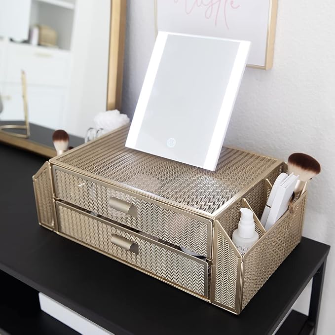 BLU MONACO | Monitor Stand with Drawer Storage | Desk Top Monitor Stand Riser Gold | Computer Support Organizer Elevador de Monitor