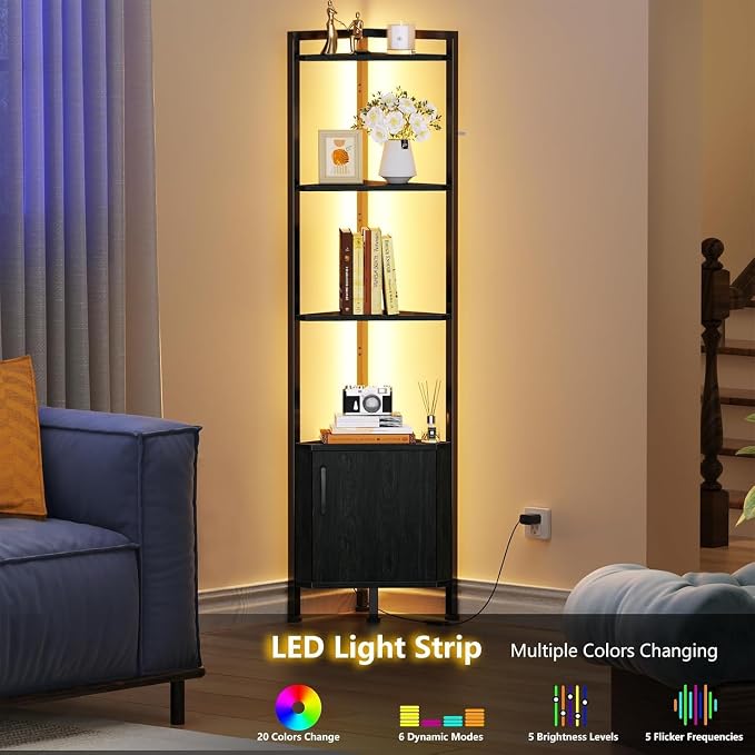 5-Tier Corner Shelf with LED Light,Black Corner Cabinet with Doors | 62.8”Tall Corner Bookshelf with Storage Rack for Bedroom,Living Room,Kitchen,Metal Frame,Wood Display Shelf,Easy to Assemble