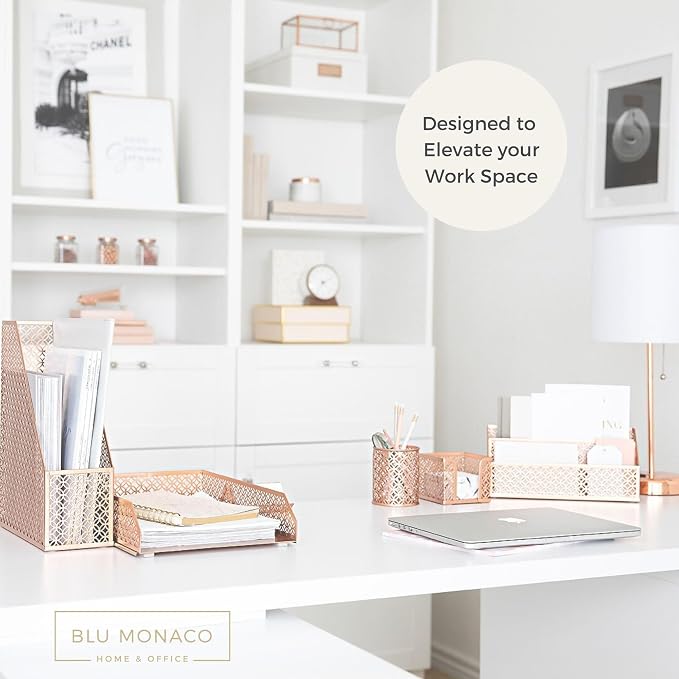BLU MONACO | Rose Gold Desk Organizer Set | 6 Piece Metal Office Desk Organizer with Mail Sorter, Pen Cup, Sticky Note Holder, Magazine File, Card Holder, Paper Tray | Desk Organizers and Accessories