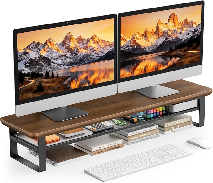 Dual Monitor Stand, 35.4 Inch Monitor Stand Riser for 2 Monitors, 2 Tiers Wood Desk Shelf with Storage, Desktop Organizer Stand for Computer, Laptop, Printer, TV