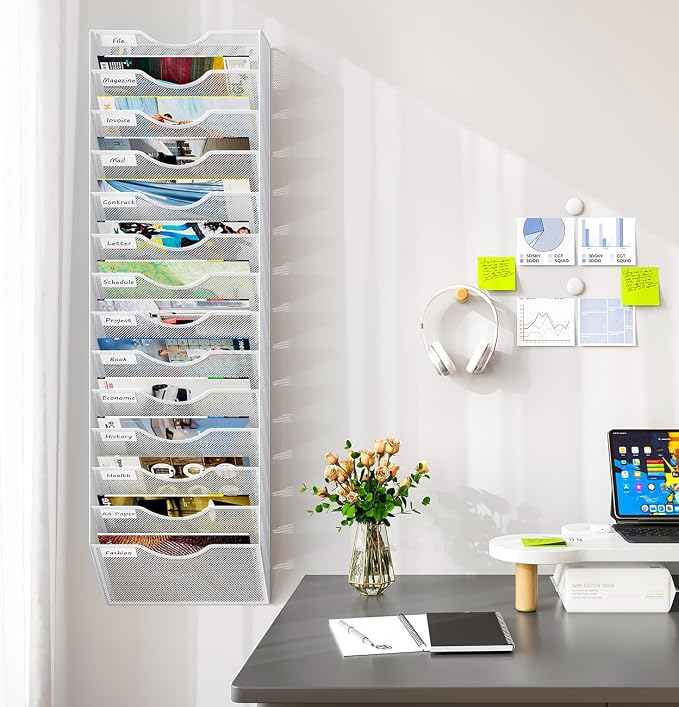 14 Pockets Hanging Wall File Organizer, Office Organization Wall Mount Mail Sorter Paper Holder Bill Organizer for Home, White