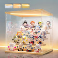 LANSCOERY Acrylic Display Case for Collectibles, 5-Tier LED Light, Wood | 3mm clear acrylic panels with front door access and tri-color top light for small figures on a desk or shelf.