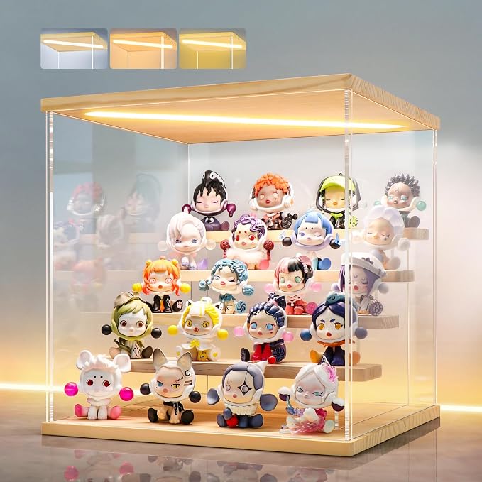 LANSCOERY Acrylic Display Case for Collectibles, 5-Tier LED Light, Wood | 3mm clear acrylic panels with front door access and tri-color top light for small figures on a desk or shelf.